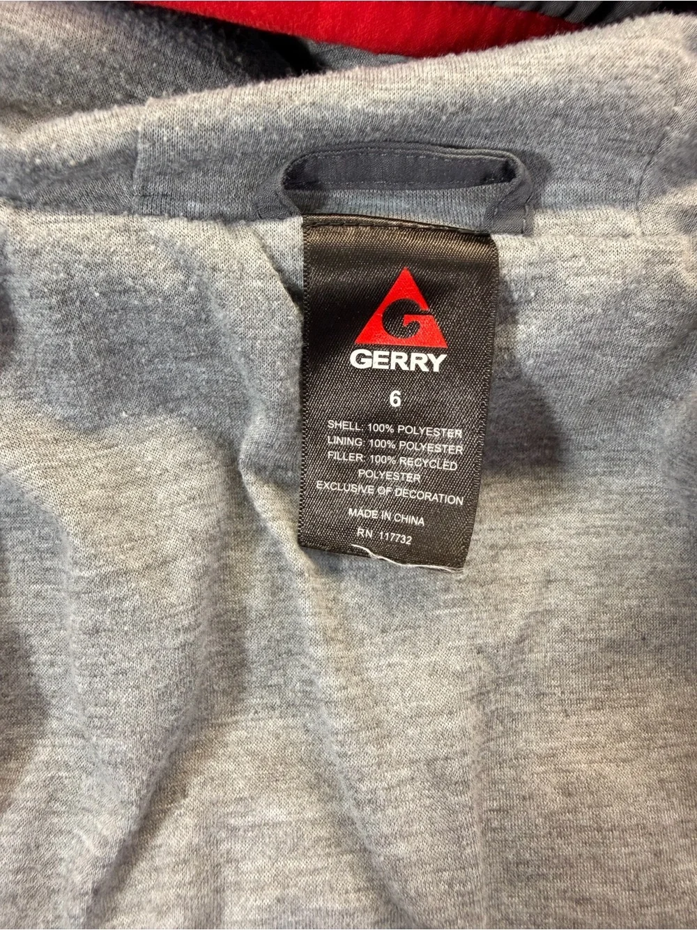 Gray Quilted Hooded Puffer Jacket with Red Trim size 6 kids.
